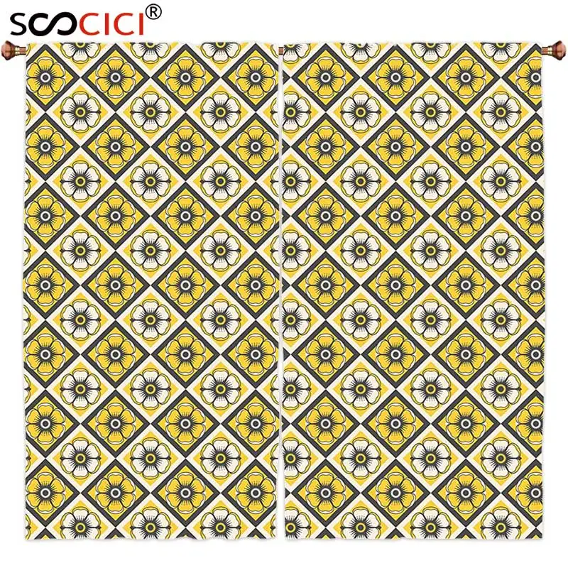

Window Curtains Treatments 2 Panels,Grey and Yellow Tile Like Spring Flowers in Rectangular Shape Image Charcoal Grey Yellow