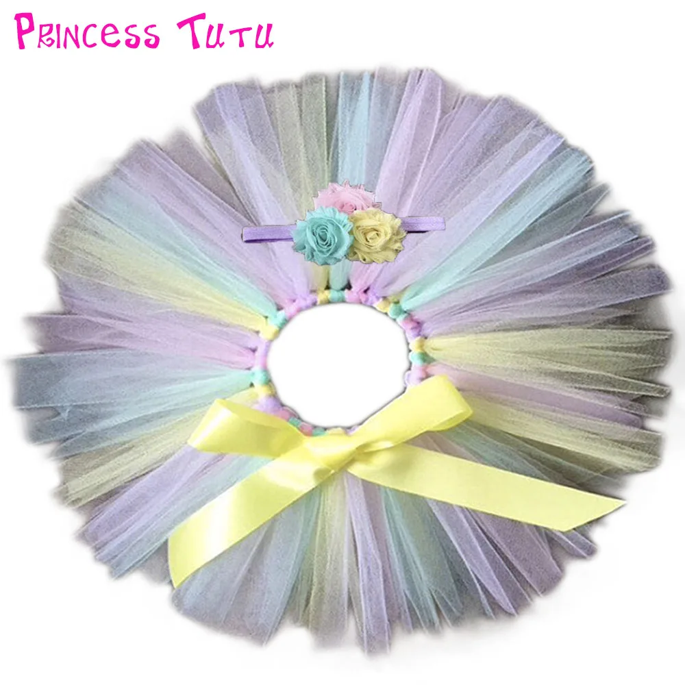 

2 Piece Pastel Baby Girl Rainbow Tulle tutu Skirt Multi Color Toddler 1st Birthday Party Tutu Skirts with Headband For Photos