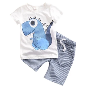 

2 Pcs Clothes Set Baby Boy Girl Dinosaur Character Short Sleeve Top + Striped Shorts Outfits Children Summer Clothing