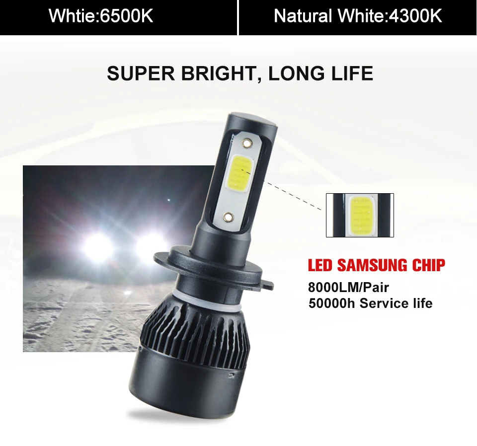 H7 LED Car Headlight 4300K H4 LED Mini Auto Lamp HB3 HB4 9005 9006 IP65 72W 8000LM 6500K DRL Fog Light 12V 24V Car Headlamp Bulb (3)