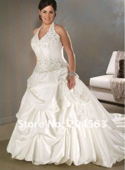 

Free Shipping Custom Made Ruched Embroidered Plus Size Bridal Gown Wedding Dress with Cathedral Train