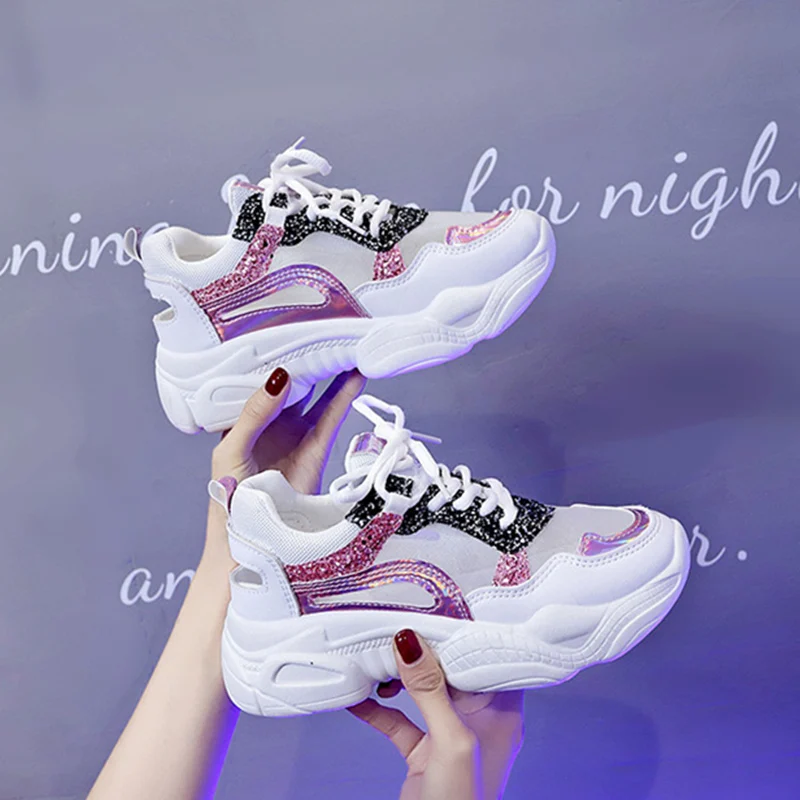 

Mesh Breathable Sports Sandals Female Summer Wild Sequins Hollowed Out Thick Platform Old Shoes Women