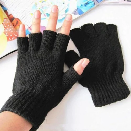 Хит, унисекс, зимние модные мягкие черные простые теплые митенки без пальцев, тянущиеся вязаные перчатки