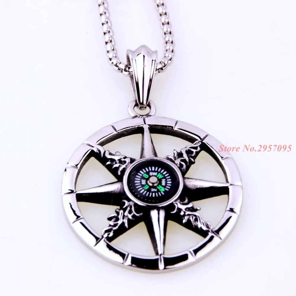 Unique Silver Tone 316L Stainless Steel Compass Pendant Necklace Mens