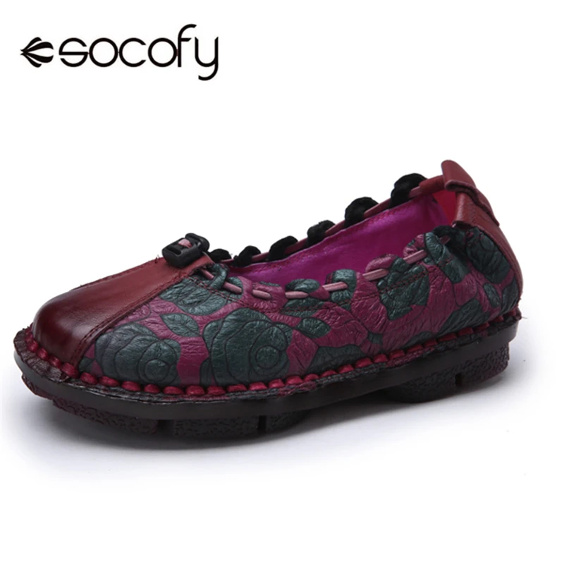 

Socofy Genuine Leather Flats Women Shoes Woman Retro Rose Printed Loafers Casual Flat Shoes Women Sneakers Vintage Zapatos Mujer