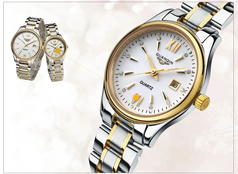 GUANQIN парные часы, набор для мужчин и женщин, модные часы для влюбленных, наручные часы с датой, роскошные золотые кварцевые часы, женские часы, женские наручные часы