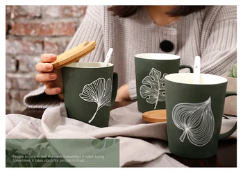 

Simple Frosted Ceramic Leaf Cup Creative Personality Mug Lid With Spoon Coffee Cup Office Mug