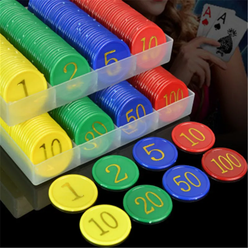 

160Pcs Plastic Poker Chip with 4 Golden Large Numbers Printing for Gaming Tokens Plastic Coins - Yellow+Green+Red+Blue