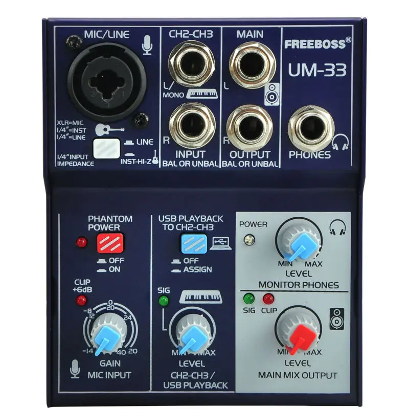 

Freeboss UM-33 3 Channels Input Mic Line Insert Stereo USB Playback USB Interface Audio Mixer