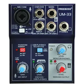 

Freeboss UM-33 3 Channels Input Mic Line Insert Stereo USB Playback USB Interface Audio Mixer