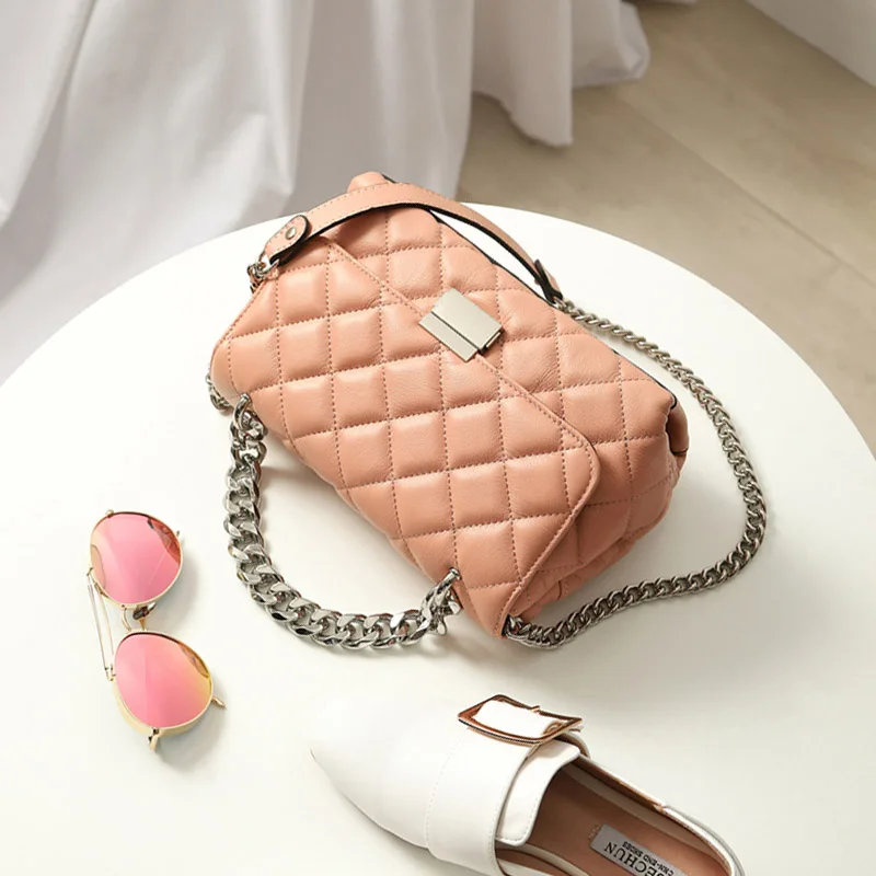 Сумки на плечо из натуральной кожи с цепочкой для женщин, роскошные сумки для женщин, дизайнерские сумки, модные сумки через плечо для женщин - Цвет: pink-small