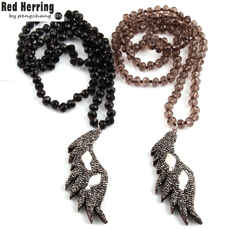 

Free Shipping Fashion Bohemian Jewelry Black Long Crystal Glass Knotted Handmake Paved Wings Pendant Necklace For Women