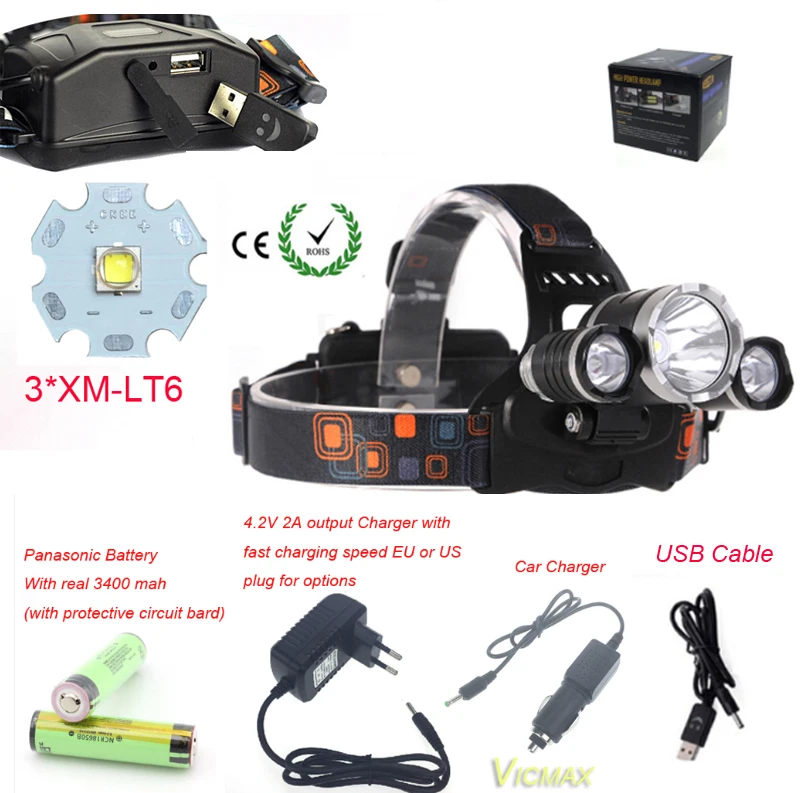 

VICMAX RJ-5000 USB Headlamp 8000 Lumens 3x XM-T6 LED Headlight 4-Mode Head Light Waterproof Head Torch Bike Lanterna+Ac Charger