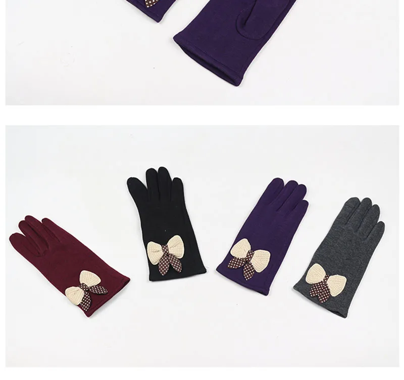 1 пара новых модные женские туфли перчатки осень-зима с милым бантом Теплые фиолетовый, черный рукавицы Полный Finger варежки Для женщин