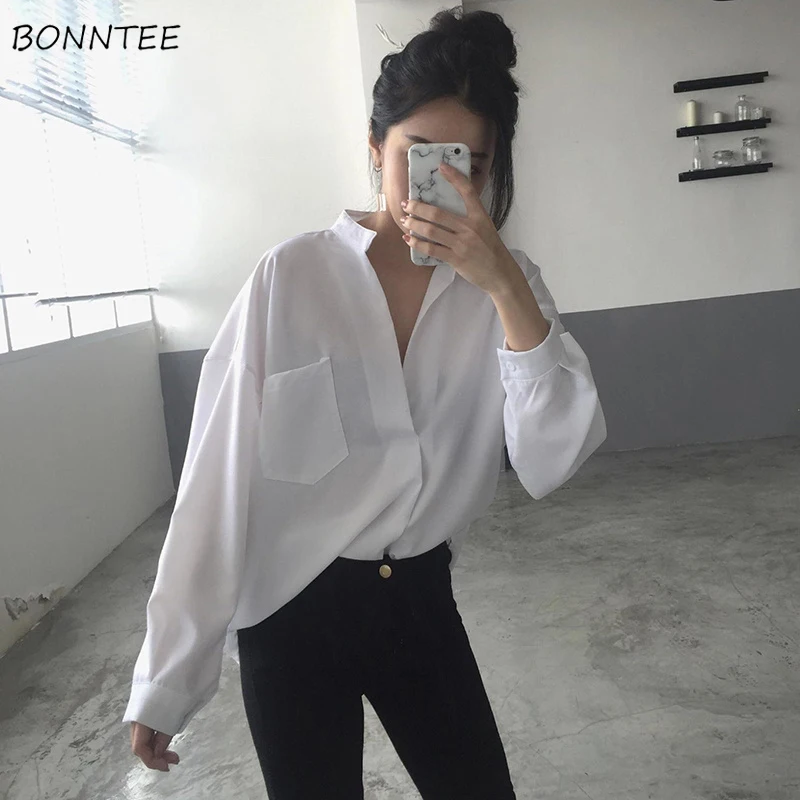 

Shirts Women Thin Elegant Loose V-Neck Pockets Leisure Daily Simple All-match Korean Style Ladies Shirt Womens Trendy Chic