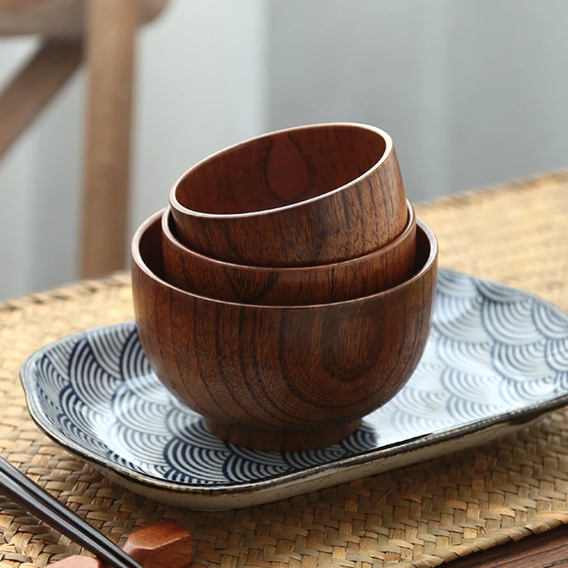 Solid Wood Bowls Vintage Wooden Rice Soup Bowls Kids Adults Dining Bowl Miso Dips Fruit Food Container Kitchen Wooden Utensils (4)