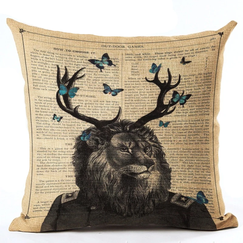 الحيوانات خمر صحيفة نمط الكتان القطن مزيج غطاء وسادة المنزل كنبة مكتب مربع كيس وسادة الزخرفية غطاء الوسادة s