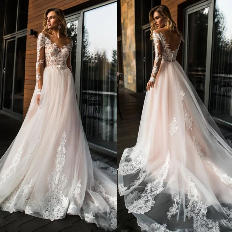 2019 Blush Pink Boho Wedding Dresses V Neck Long Sleeves Beach Bohemian Bridal Gowns Sweep Train Vestidos De Noiva