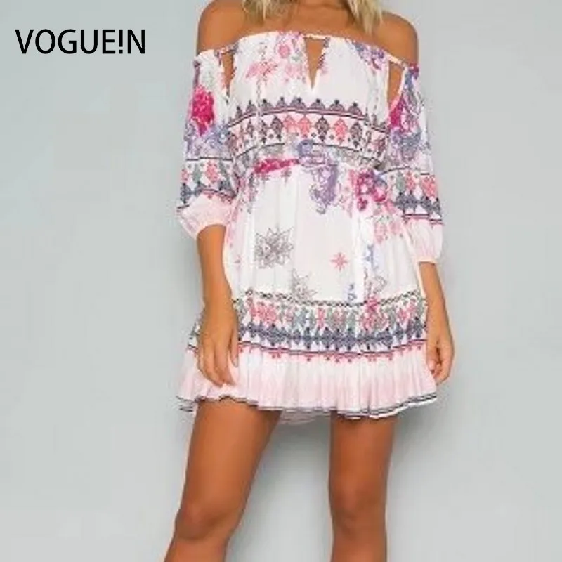 VOGUE!N New Womens Ladies Summer Beach Sexy Slash Neck Floral Print Mini Dress with Belt Wholesale SML | Женская одежда