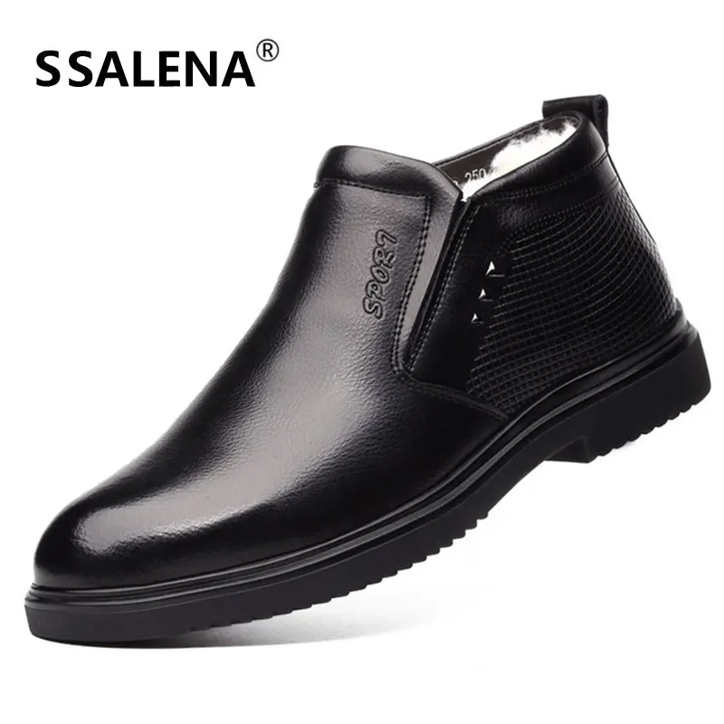 

Business Boots Mens Winter Warm Wool Ankle Boots Man Leather Zipper Side Thick Artificial Fur Boots Men High Top Shoes D0456