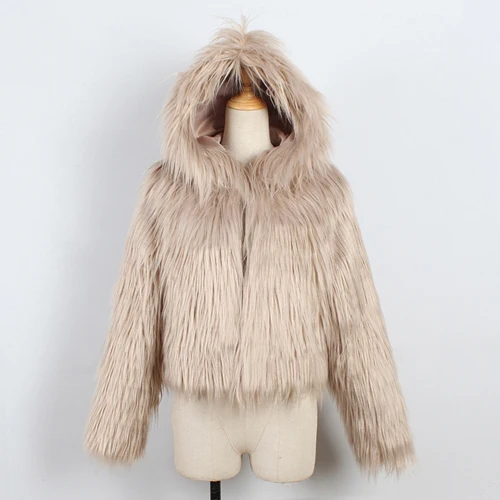 ZADORIN/10 цветов, осенне-зимнее пальто из искусственного меха с капюшоном и длинным рукавом, женская короткая пушистая искусственная Меховая куртка, большие размеры, уличная одежда - Цвет: Khaki