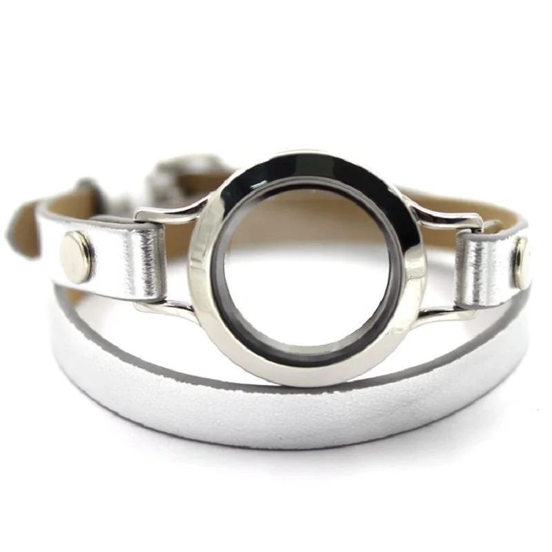

5pc alloy 30mm screw floating glass locket bracelets wrap silver leather bracelet fit memory locket charm