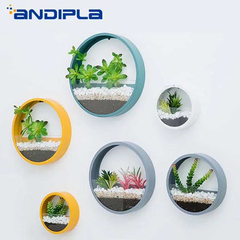 

Creative Modern Round Iron Glass Wall Vase Wall-mounted Flower Pot Succulent Plant Planters Home Decoration Vase Bonsai Ornament