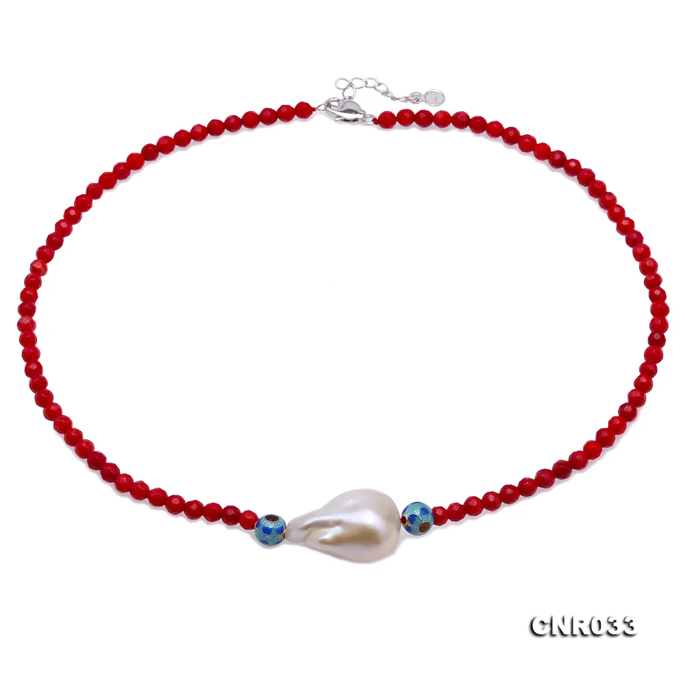 JYX высокое качество 5 мм Красный коралл ожерелье с большим барочным жемчугом граненые Коралловые бусы драгоценные камни ювелирные изделия элегантный подарок 18-20"