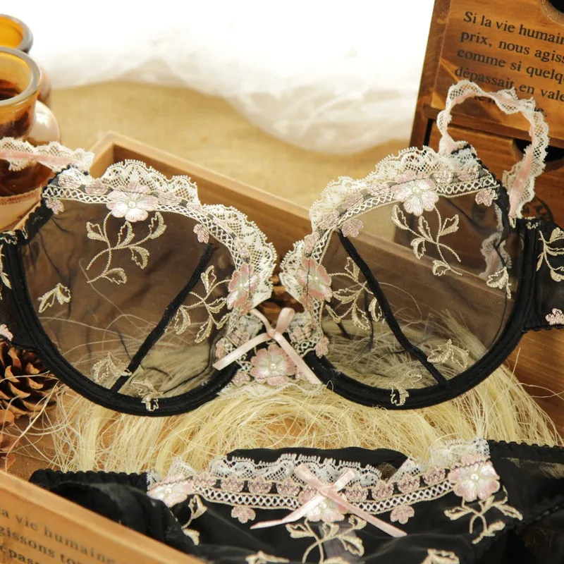 new2016 Fashion transparent sexy bra set plus size Women lace ultra thin blue underwear set Free