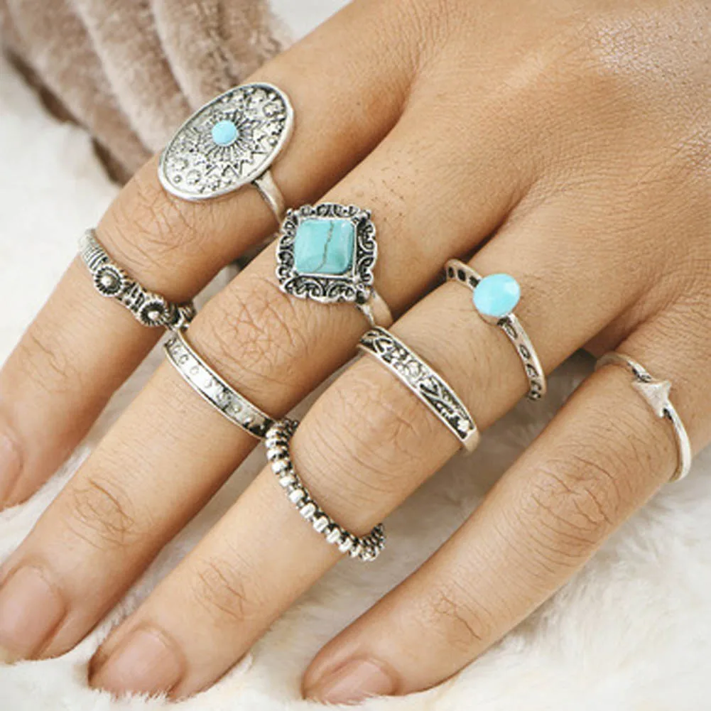 

2018 New Fashion Style 1 Set Hot sale Punk Vintage Knuckle Rings Tribal Ethnic Hippie Stone Joint Ring Set for Women Gifts