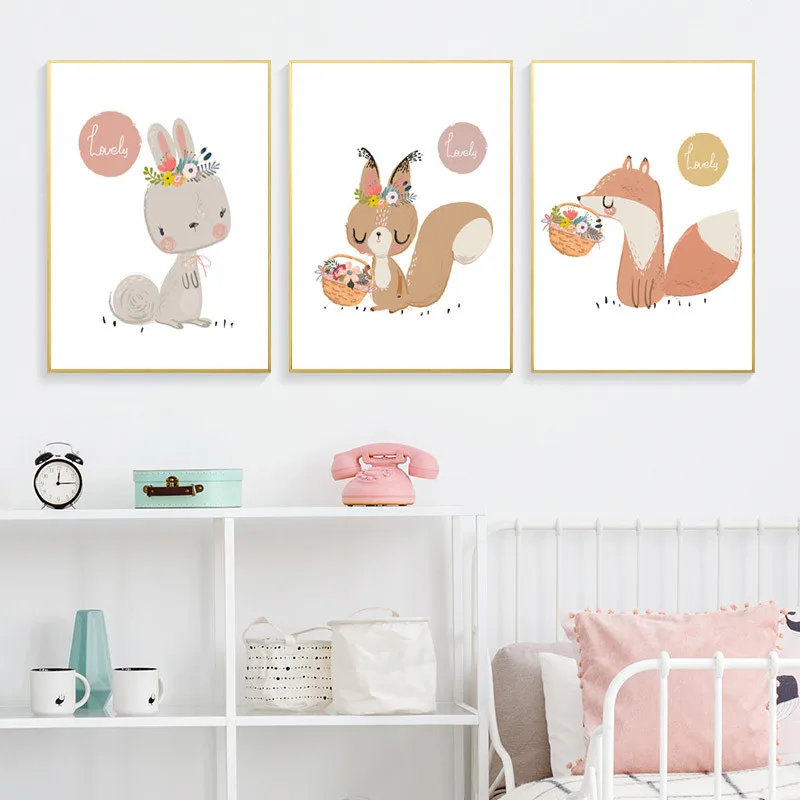 

Cartoon Animals Prints Baby Room Printable Art Poster Flower Animal Picture Bedroom Wall Decor HD2670