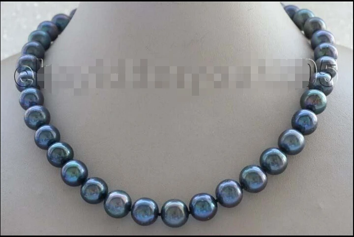

FREE shipping>>>>>17" Genuine Natural 12mm Black Round Pearl Necklace 18kgp #f1967! 6.07