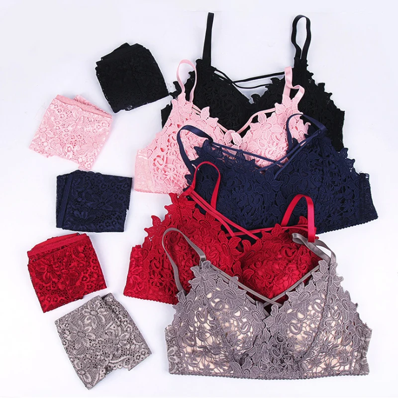 

Women Floral Lace Bralette Bra Set Push Up Sexy Bra Set Sexy Lingerie Wireless Bra Panties Set Black White Seamless Underwear bh