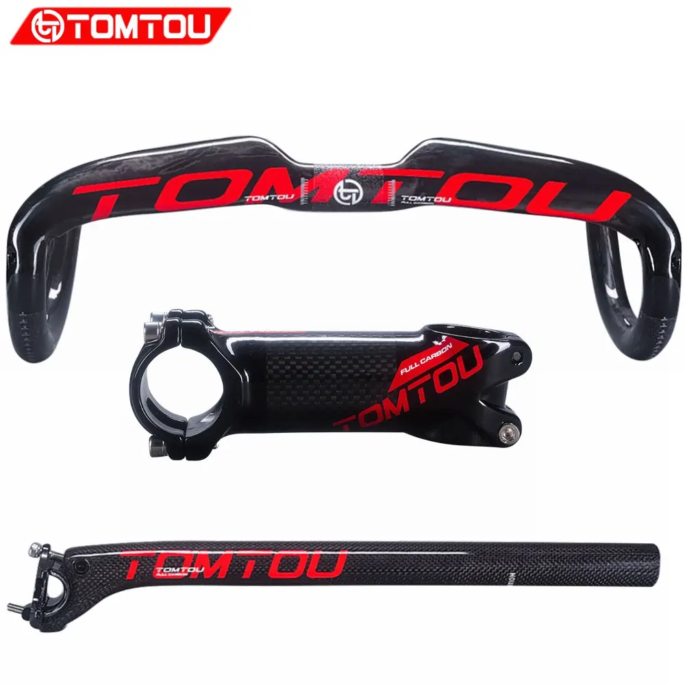 

TOMTOU Carbon Fibre Road Bicycle Handlebar Set Cycling Bent Bar + Seat Post 20mm Offset + Stem For Road Bike Glossy Red - TS4T26