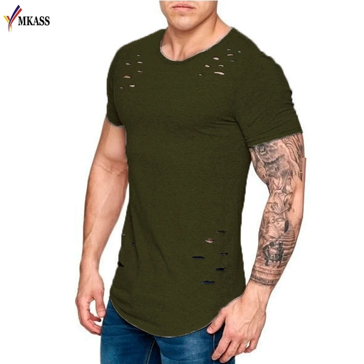 Hot Men Ripped Hole T-shirts Summer Muscle Brothers Short Sleeve Tshirt Male Hip Hop T-Shirt Homme Tee Streetwear shark Jersey