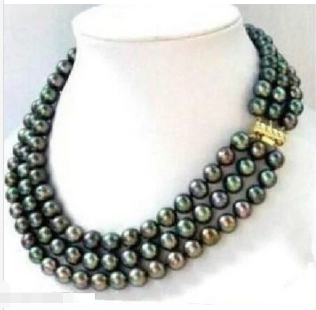 

triple strands SOUTH SEA AAA 9-10MM BLACK PEARL NECKLACE 14k@^Noble style Natural Fine jewe SHIPPING
