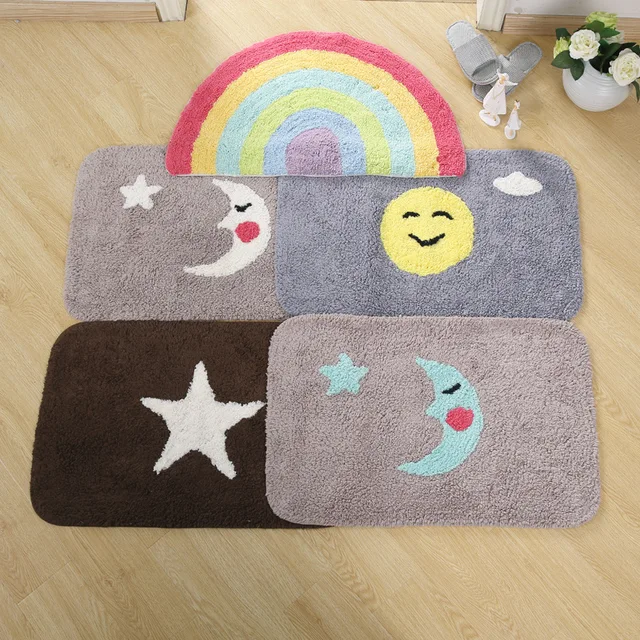 Cotton Cartoon Small Floor Mat Multicolor Moon Patterns Rectangle Cotton Cartoon Small Floor Mat Multicolor Moon Patterns Rectangle Rug Non Slip Washable Durable Area