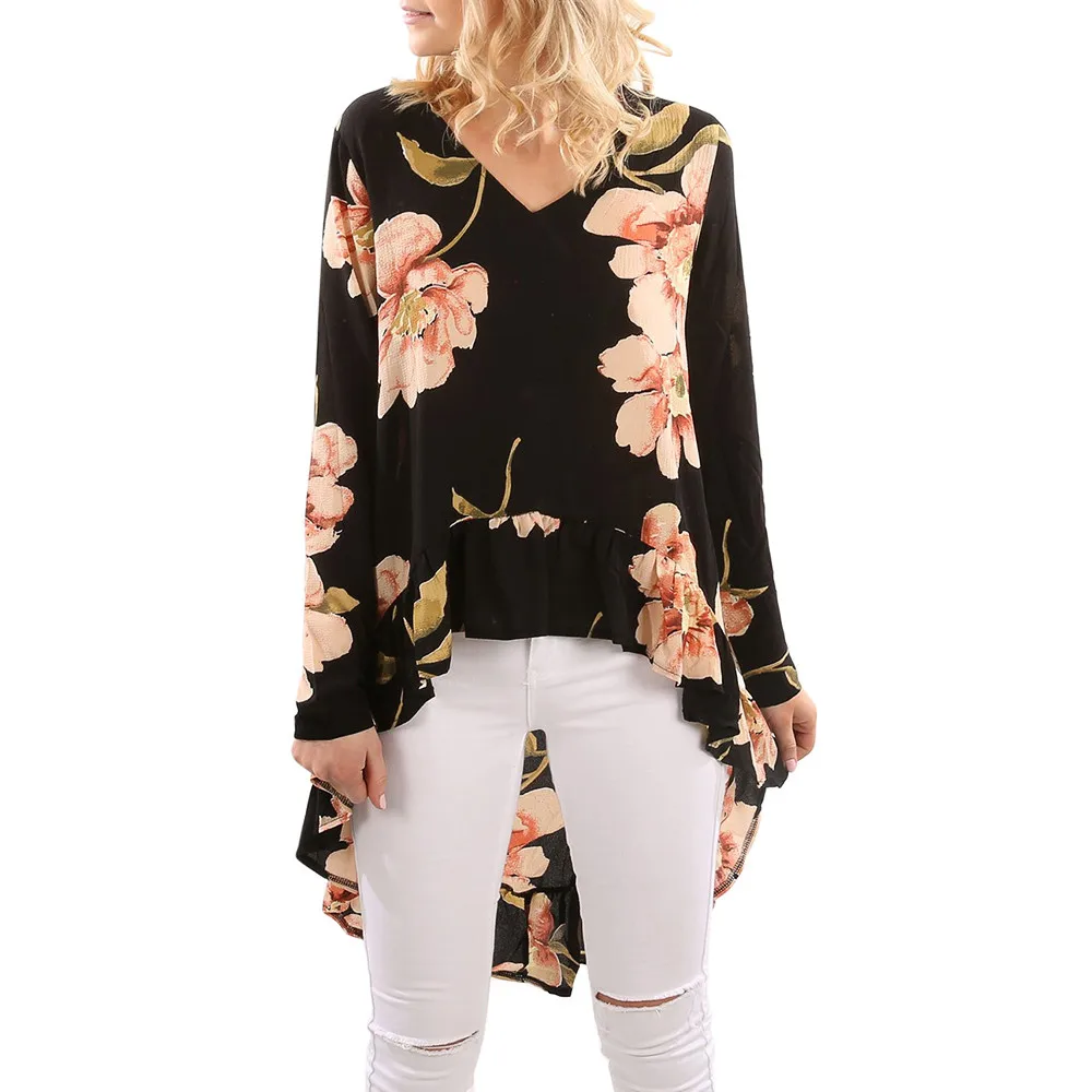 

Free Ostrich Floral Print High Low Hem High Blouse Women Clothing Butterfly Sleeve Asymmetrical Chiffon Loose Tops Blusas C1935
