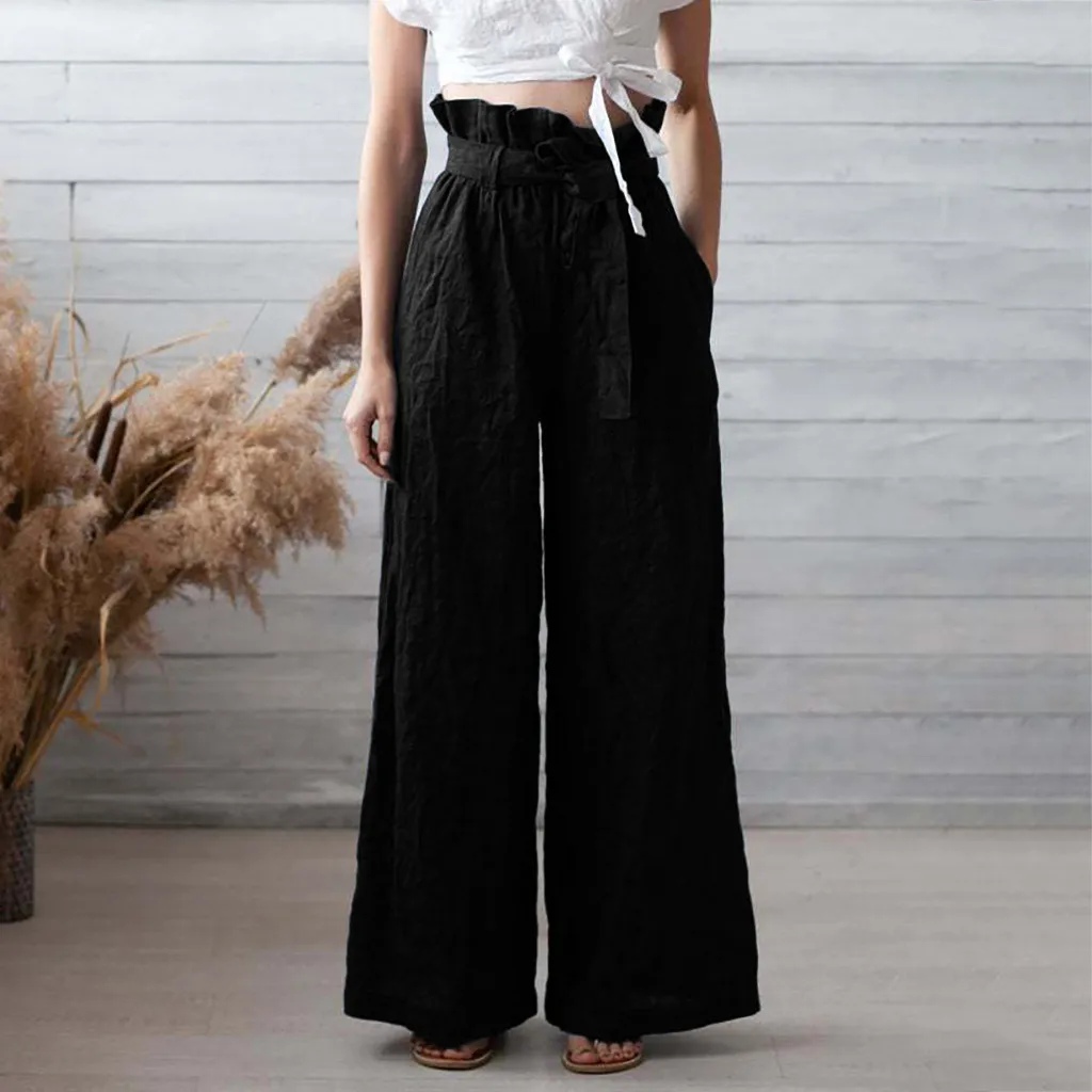 Pants Trousers Women 2019 Casual Pantalon Black Cotton Wide Leg Pants Full Length Streetwear Pockets Pantalones spodnie damskie