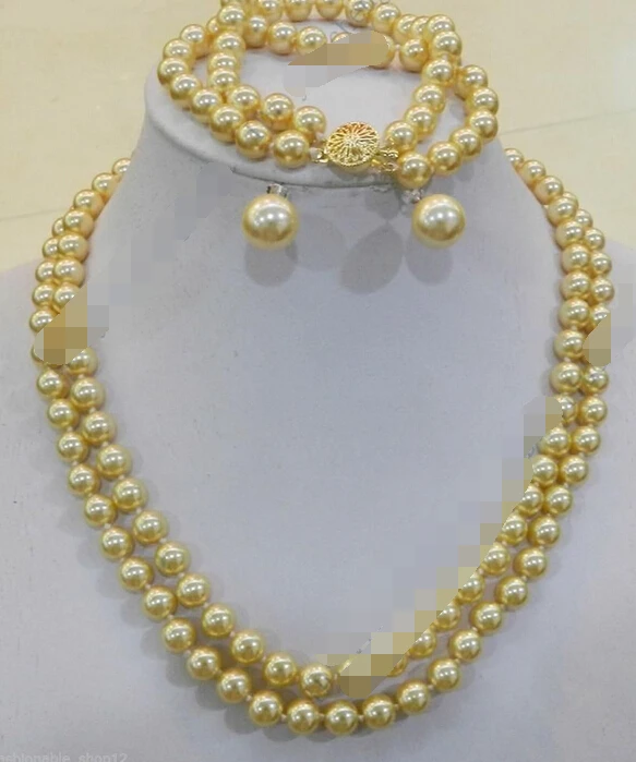

hot sell new - shitou 00543 2 Rows Gold 8mm Sea Shell Pearl Necklace Bracelet, 12MM BIG Earring Set AAA