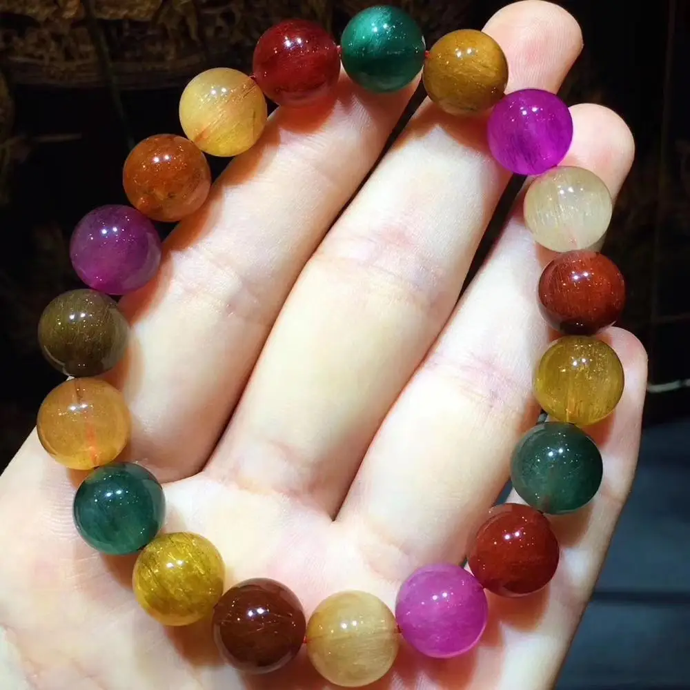 

Certificate Natural Colorful Rutilated Quartz Copper Gold Green Bracelet Women Men 14mm Crystal Round Beads Gems Jewelry AAAA