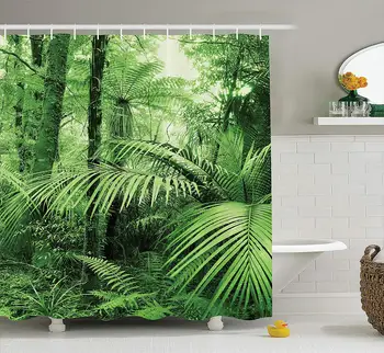 

Rainforest Shower Curtain Set, Palm Trees and Exotic Plants in Tropical Jungle Wild Nature Zen Theme Illustration