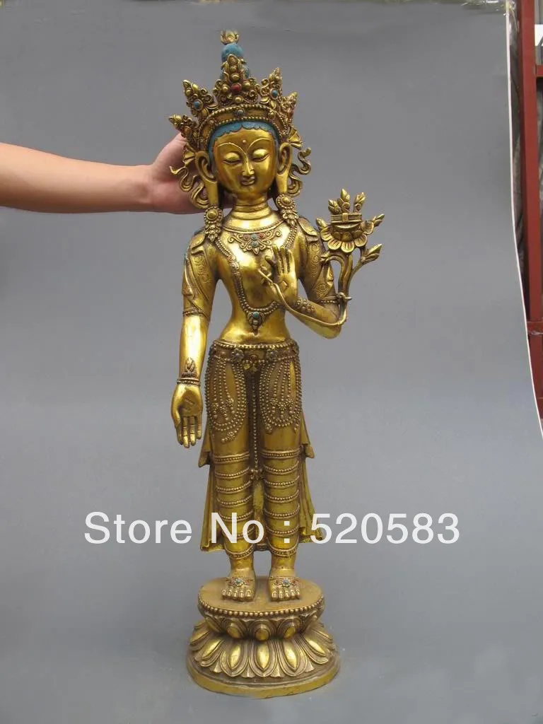 

Free Shipping 28"Tibet Refined Bronze gilt Stand Guan Yin Buddha statue