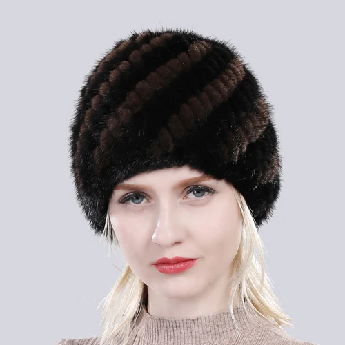 Женская зимняя вязаная шапка из натурального меха норки, натуральная теплая, хорошая эластичность, меховая шапка для русской леди, качественные шапки из натурального меха норки - Цвет: Brown black