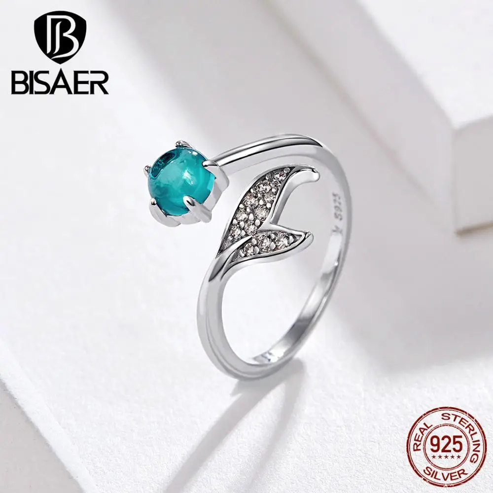 

Bisaer Fashion 925 Sterling Silver Princess Mermaid Tail Open Rings Mint Blue Glass AAA Zircon Rings Romantic Gifts HSR515