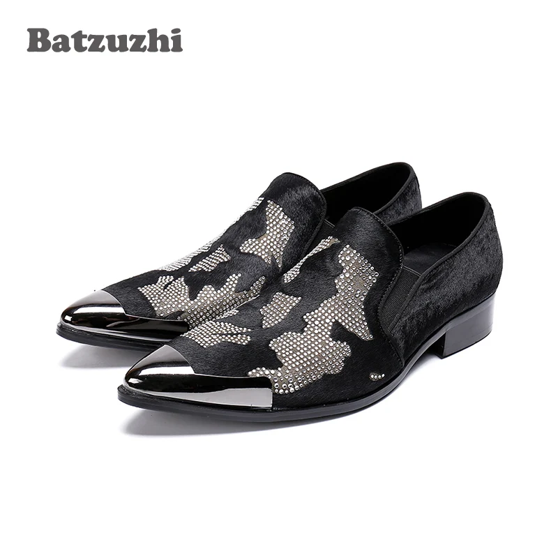 

Batzuzhi Handmade Erkek Ayakkabi Men Shoes Metal Cap Black Leather Dress Shoes Men Horse Hair Black Business Party Shoes, US12