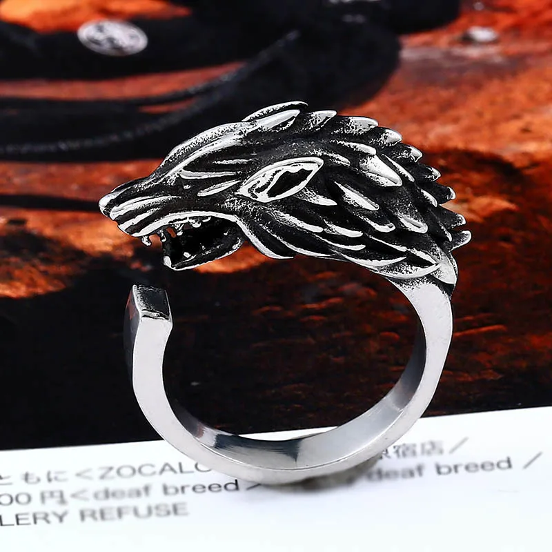 Beier Store Stainless Steel Game Thrones Ice Wolf House Stark Of Winterfell Biker Animal opend Ring Fashion Jewelry BR8-477