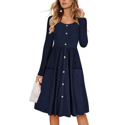 Женское платье-рубашка до колена с длинным рукавом и круглым вырезом, с карманами и пуговицами, Vestido 2018, винтажная осенне-зимняя длинная