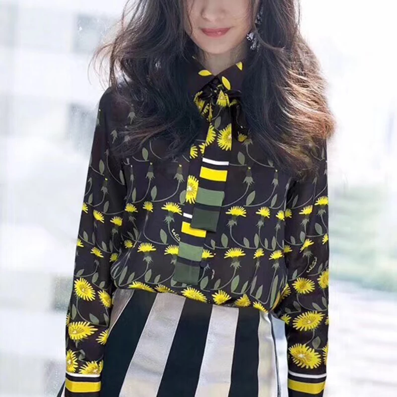 

Desinger Shirt Top Quality 100% Silk Blouse Women Long Sleeve Flower Print Shirts 2019