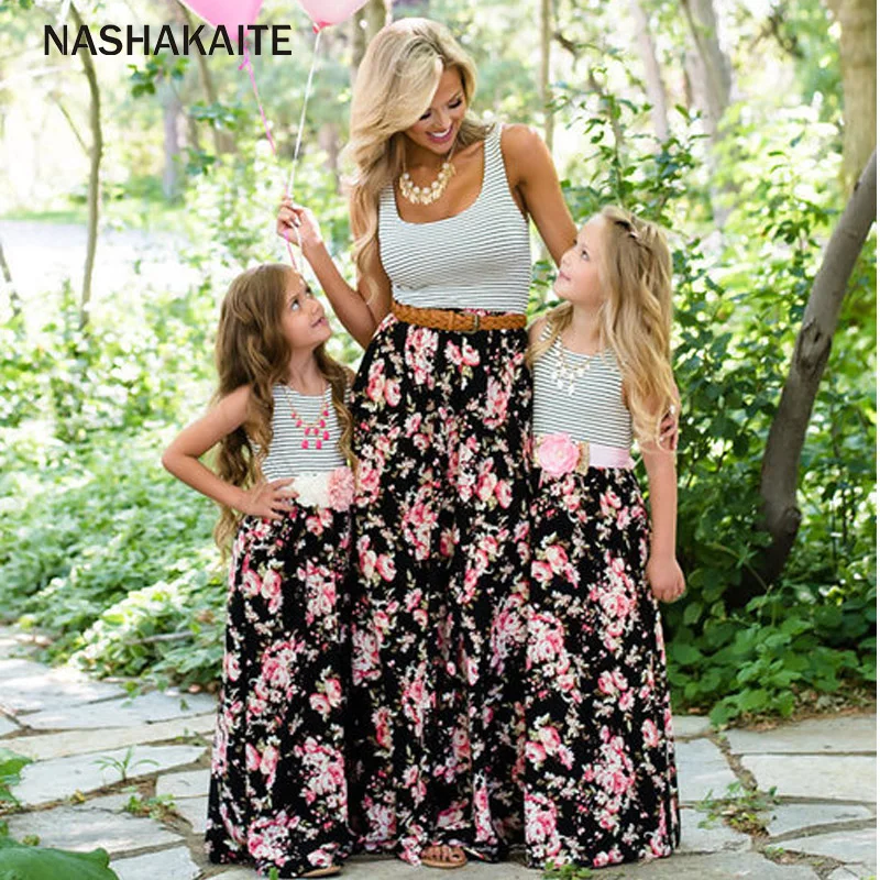 NASHAKAITE платья для мамы и дочки; длинное платье в полоску без рукавов в стиле пэчворк; одежда для мамы и дочки; платье для всей семьи
